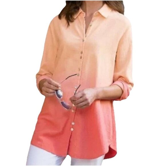 Soft Surroundings 100% Linen Ombre Tunic Top Sz Large Orange Shirt Dress Button - Picture 1 of 8